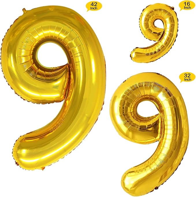 GOER Gold Foil Balloons Number 9,Huge Number Balloons for 9th 19th 29th 39th 49th Birthday Party Supplies Anniversary Decorations (3 pcs,42 inch,32 inch,16inch)