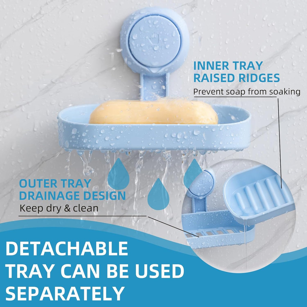 LEVERLOC Soap Dish Holder for Shower Suction Cup Wall Mounted Self Draining NO-Drilling Removable Bar Soap Sponge Holder for Bathroom Bathtub Kitchen Sink Waterproof Strong Vacuum Suction, Blue