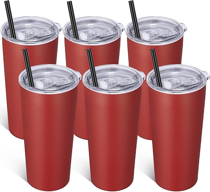 VEGOND 20oz Tumbler Bulk with Lid and Straw 6 Pack, Stainless Steel Vacuum Insulated Tumbler, Double Wall Coffee Cup Travel Mug, Red