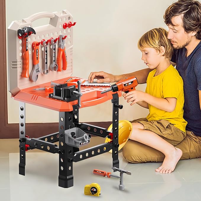 Kids Tool Bench -Toy Workbench with Electric Drill Toy Tool Accessories and Construction Vest 91pcs Toddler Tool Bench,Pretend Play Learning Toy Tool Bench for Kids Ages 3-5,4-8