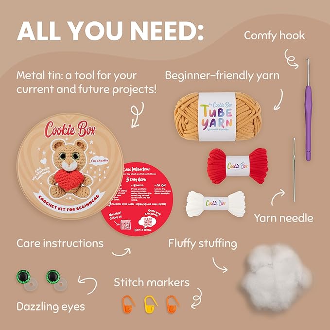 Cookie Box Crochet Kit for Beginners - Learn to Craft Amigurumi Stuffed Animals - Knitting Gift for Kids and Adults - Beginner-Friendly Yarn - Stitch-by-Stitch Video Tutorial - Bear Charlie