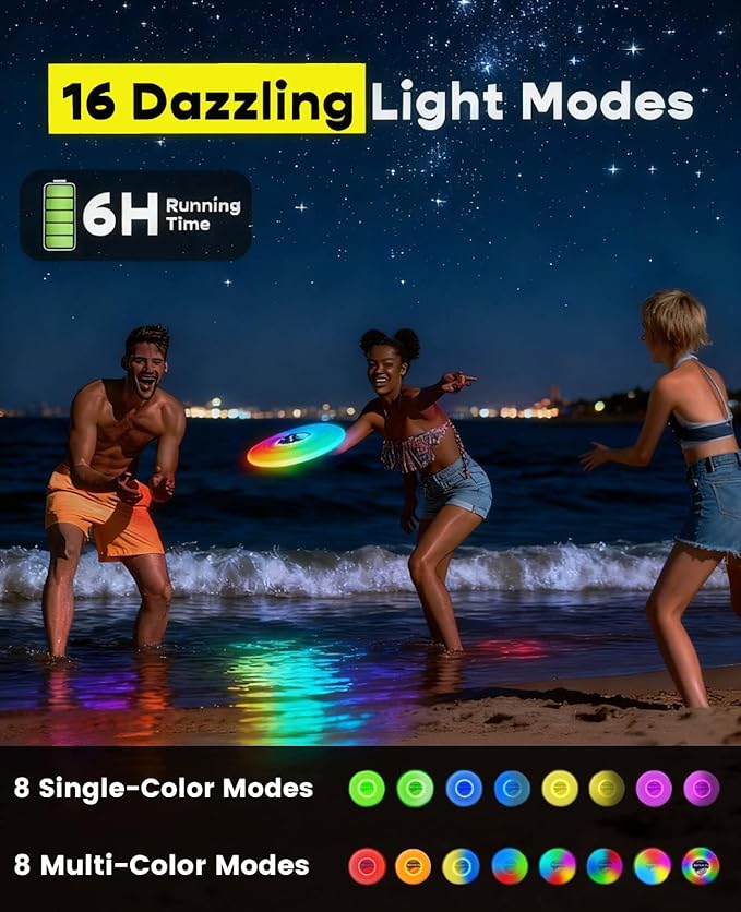 Light Up Flying Disc, 175g Glow Disc with 30 RGBs, 16 Lighting Modes, 4 Brightness, 600mAh Rechargeable Battery, Built-in Timer and Sensor for Competitive & Casual Play, Gift for Men/Boys/Teens