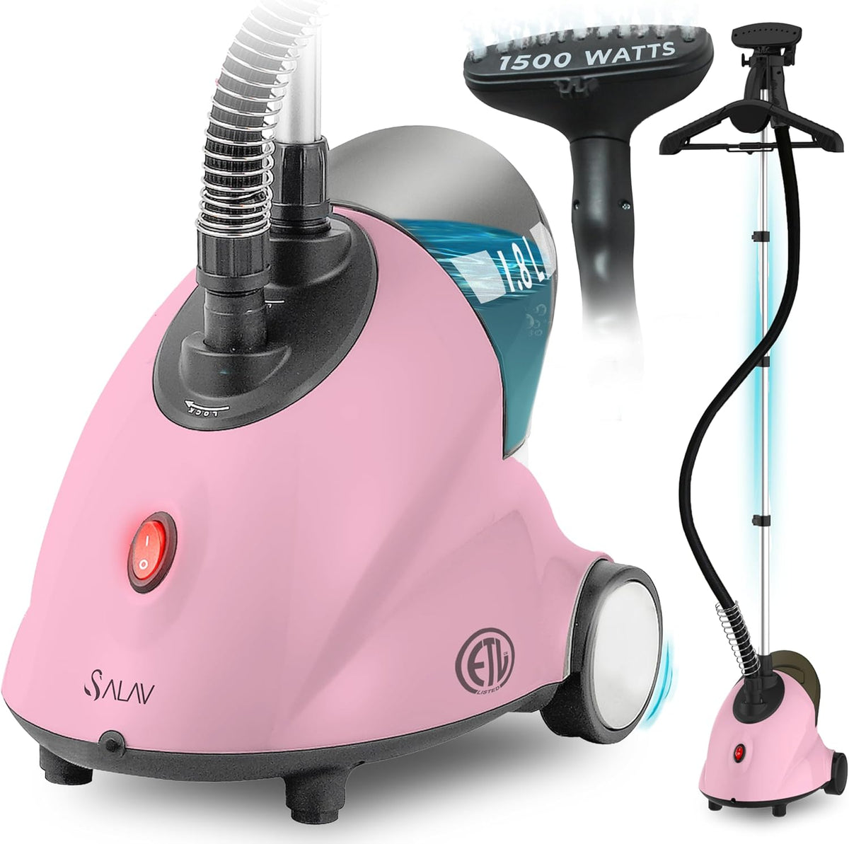SALAV GS18-DJ Standing Garment Steamer with Roll Wheels for Easy Movement, 1.8L Water Tank for 1 Hour Continuous Steaming, Adjustable Pole for Storage, Includes Descaler Packet, 1500 watts - Pink