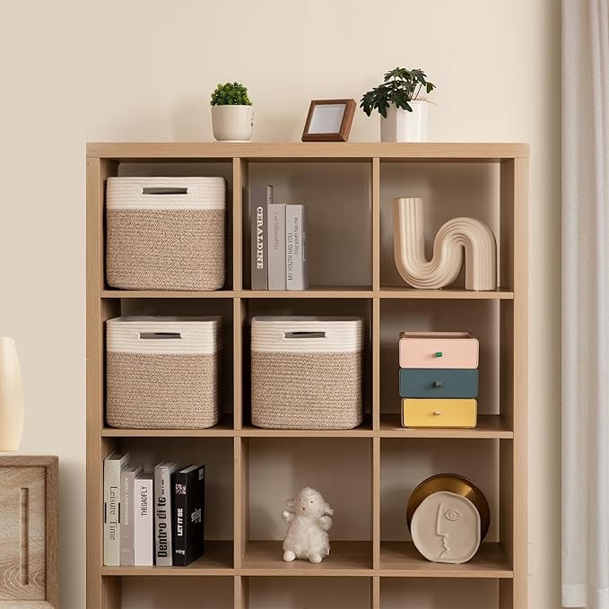 OIAHOMY Storage Cubes 11 Inch Storage Bins-3-Pack, Cotton Rope Woven Baskets for Organizing, Square Storage Baskets for Shelves Organizer, Classroom, Kids Toy Bins, Closet, Baby Nursery-Brown