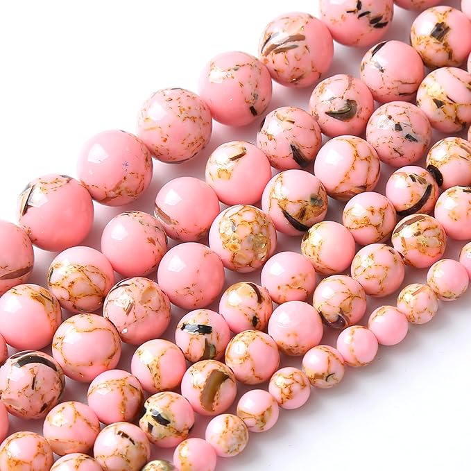 72PCS 10MM Pink Shell Turquoise Stone Beads with Mother-of-Pearl Round Beads for DIY Jewelry Making 2 Strands 32"