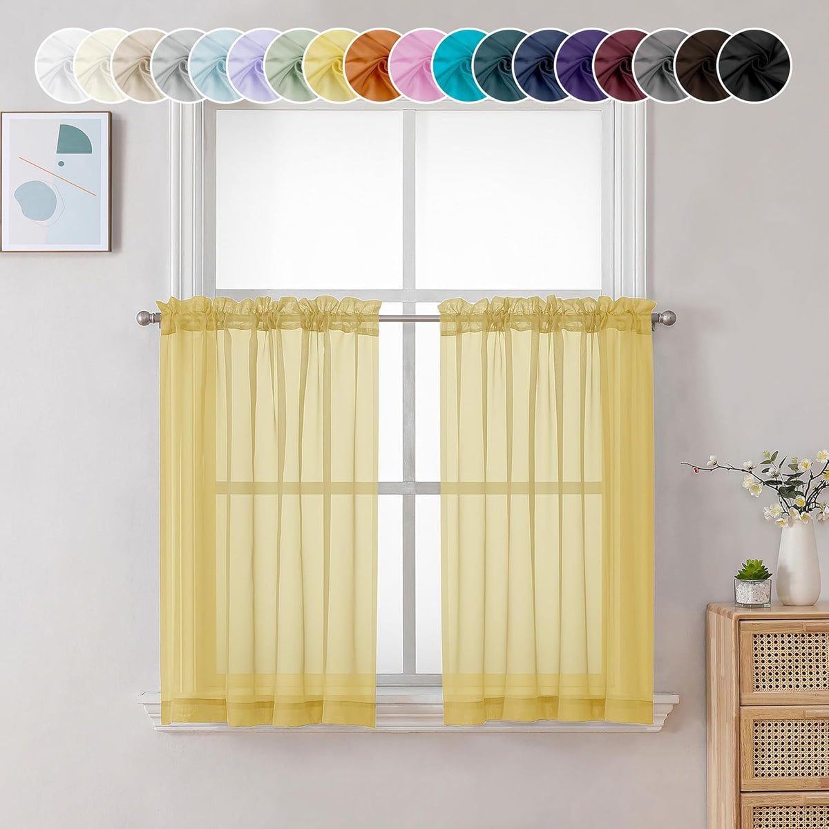 Chyhomenyc Sheer Yellow Tier Curtains 24 Inch Length, Small Window Curtains Treatment for Bathroom Living Room Basement, Short Rod Pocket Cafe Curtain, 42W x 24L Inches, 2 Panels