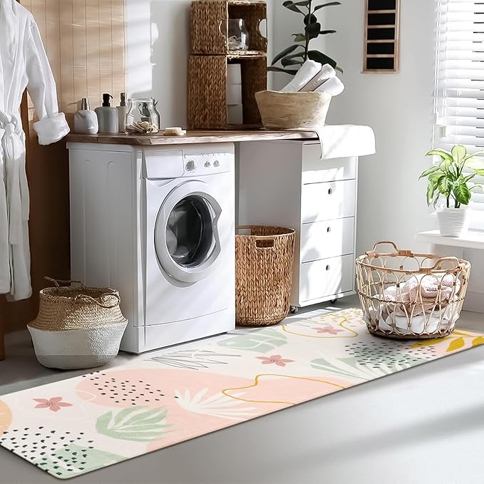 Lahome Washable Rug 2x8 - Hallway Kitchen Bathroom Carpet Runner, Lightweight Pink Botanical Print Laundry Non Slip Throw Rug, Bedroom Entryway 8ft