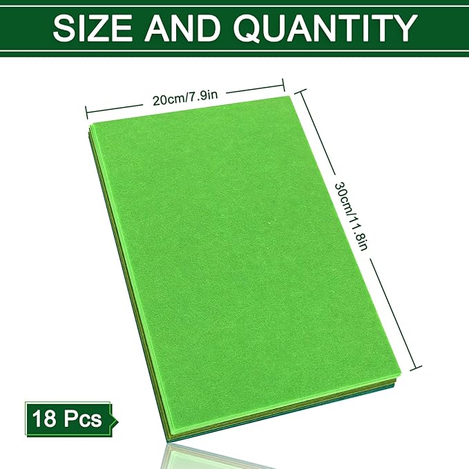 Whaline 18Pcs Felt Fabric Sheets Soft Thick Assorted Green Craft Felt Pack for DIY Craft Sewing Patchwork Art Projects, 3 Colors, 7.9 x 11.8 Inch