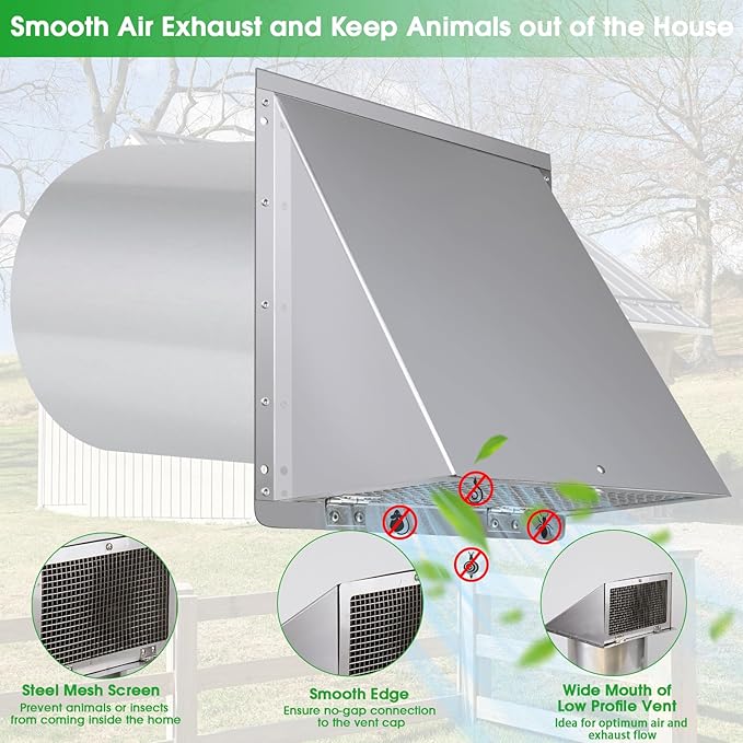 8 Inch Wall Vent,Hooded Wall Vent with Screen and Damper,Outdoor Wall Exhaust Vent Cover Exterior Wall Mount Cap for Kitchen Range Hood HVAC Duct Dryer Air Ventilation,Stainless Steel