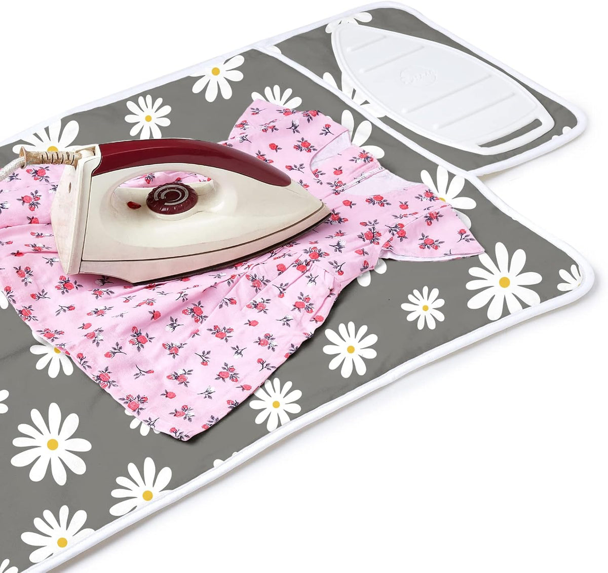 Encasa Homes Ironing Mat/Pad (Small 28"x20") with 3mm Padding & Silicone Iron Rest for Steam Pressing on Tabletop or Bed - Heat Resistant, Portable, Quilting & Travel Blanket - Daisy Grey