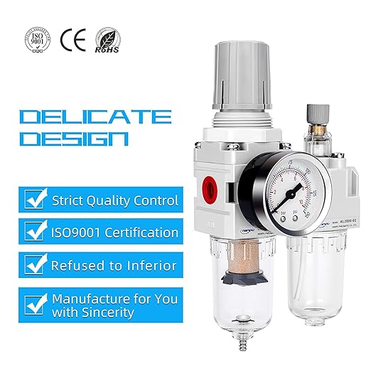 NANPU 1/4" NPT Compressed Air Filter Regulator Lubricator Combo, Water/Oil Trap Separator - Gauge(0-150 psi), Poly Bowl, Semi-Auto Drain, Bracket