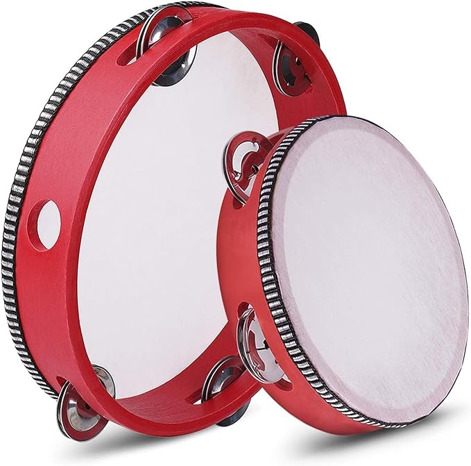Flexzion Wood Handheld Tambourines - 8 and 6 Inch Set of 2 Pack, with Single Row Metal Jingle Bell (Red) Hand Held Tambourine Percussion Drum Moon Musical Instrument