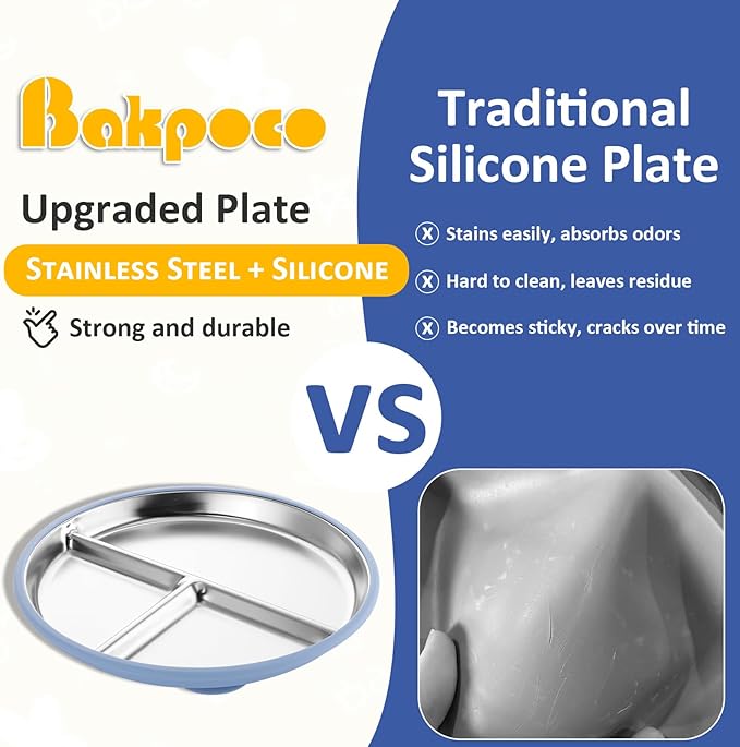 Stainless Steel Suction Plates for Toddlers, 9" Divided Kids Baby Plates with Removable Silicone Suction, Non Toxic Non Slip Portion Control Snack Dishes 3 Packs, Blue Gray Blush