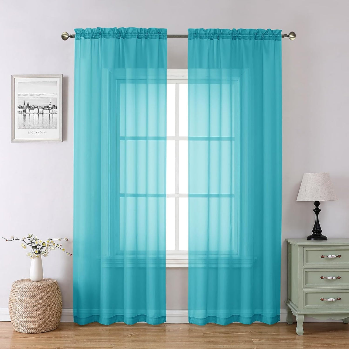 Chyhomenyc Turquoise Sheer Curtains 84 Inch Length 2 Panels, Light Filtering Soft Airy Voile Rod Pocket Teal Sheer Window Drapes for Bedroom Living Room, Each 42Wx84L Inches