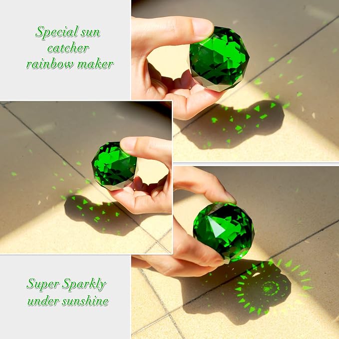 Fonmy Gazing Ball Spiral Tail -Decorative Wind Spinner Sun Catcher Rainbow Maker 11 inch Tail and 2 inch Green Crystal Orb. Indoor Outdoor Garden Decoration -13 inch Height