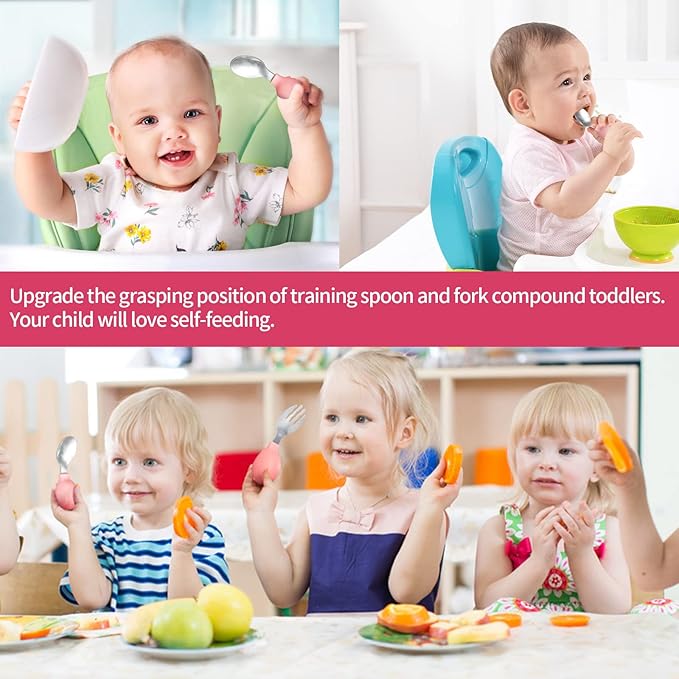 Deejoy Toddler Utensils - Stainless Steel Spoons and Forks, Kids Silverware Set with Travel Case (Pink)