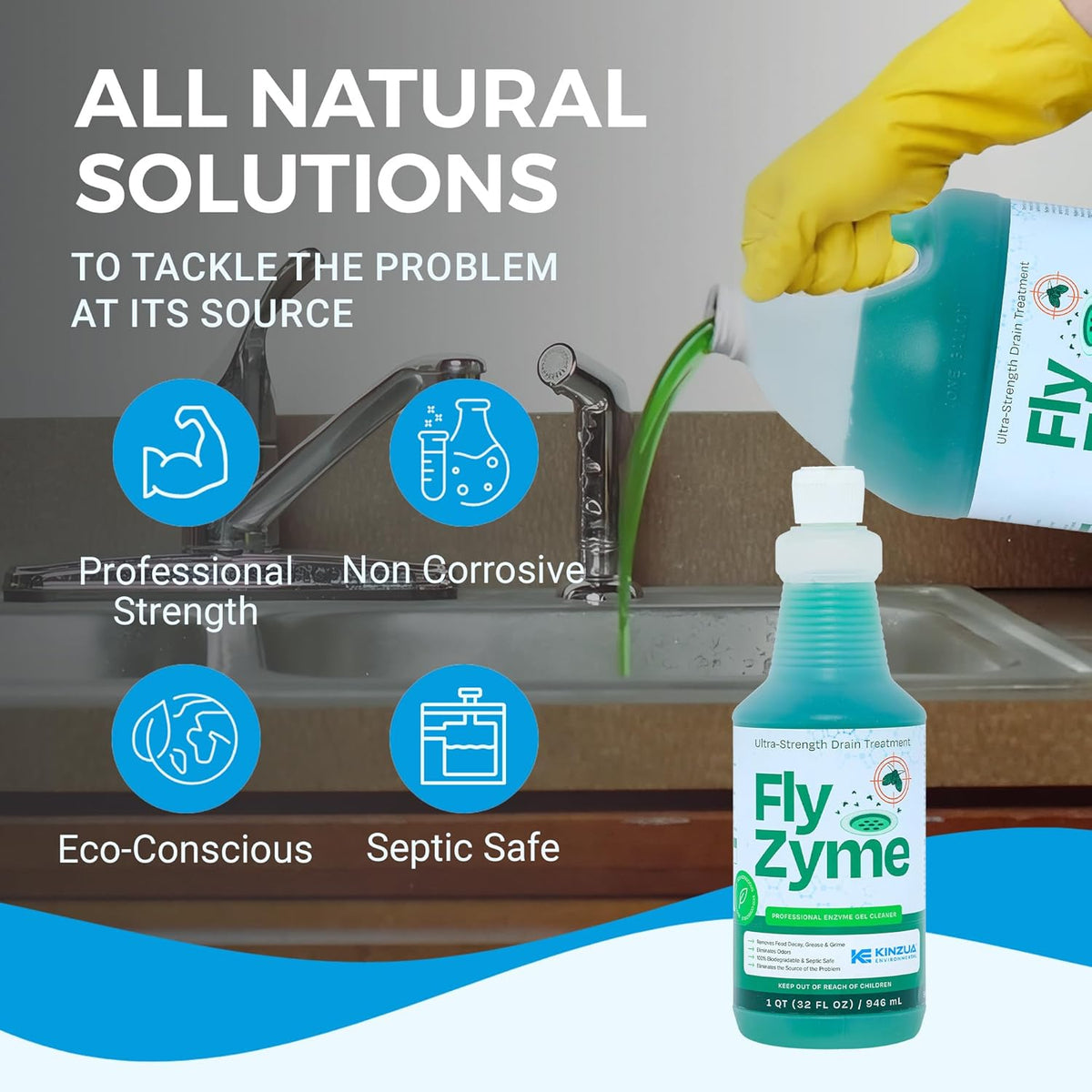 Kinzua Environmental Fly-Zyme, Highly Concentrated Enzyme Drain Cleaner for Pipes, Drain Gel for Fruit Flies, Organic Waste Degrader & Odor Neutralizer, 32 fl oz