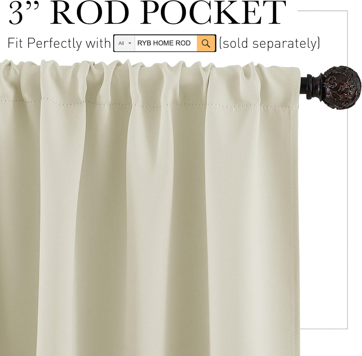 RYB HOME Short Curtains for Bedroom - Room Darkening Curtains Thermal Insulated Sunlight Block for Kitchen Cabinet Basement Bathroom Window Covering, W 52 x L 36, Beige, 2 Panels