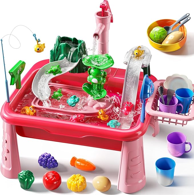 Water Table for Toddlers 3-5- Kids Play Sink with Pump and Running Water, Water Table for Kids Ages 4-8 with Fishing Game, Summer Outside Sensory Gift Toys for Boy and Girl 3 4 5 6 7 8 (Red)
