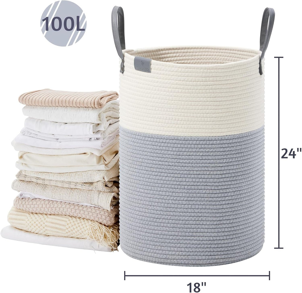 VIPOSCO Tall Laundry Basket, Large Dirty Clothes Hamper with Leather Handle, Woven Rope Storage Basket for Blanket, Toy In Living Room, Bathroom, Bedroom - 100L Grey & White