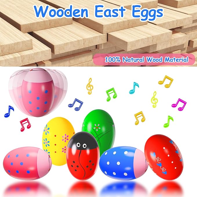 6 Pack Wooden Percussion Musical Shaker, Toddlers Stocking Stuffers 1-3 Year Old, Christmas Stocking Stuffers, Eggs Shakers Christmas Eggs Montessori Toys for Kids Boys Girls
