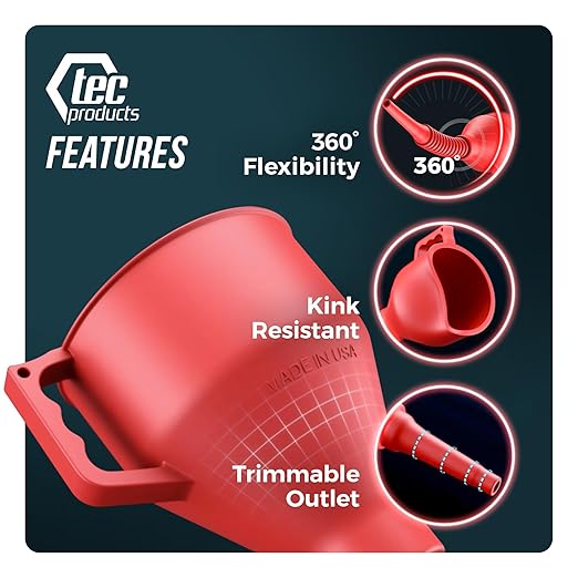TEC Products FlexAll Long Flexible Funnels - Automotive Oil Funnel with Hose, Durable Nitrile Rubber for Oil Change, Transmission Funnel Fluid, Diesel, Fuel, Gas - Made in USA - Red (16 x 5 Inches)
