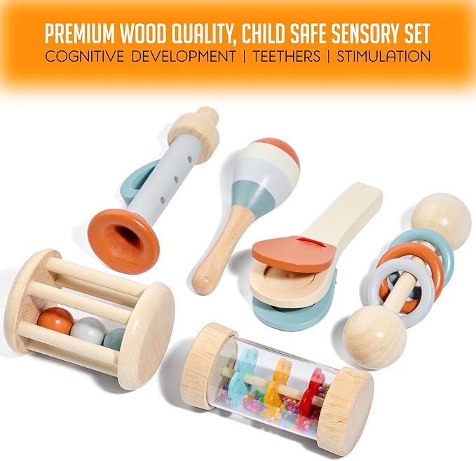 Montessori Mama Baby Rattle and Musical Set, 6 Piece Wooden Infant Toy