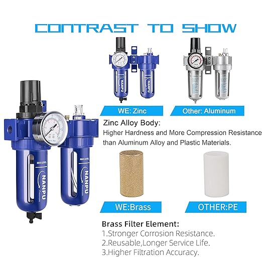 NANPU 1/4" NPT Compressed Air Filter Regulator Lubricator (FRL), Zinc Alloy, 5 Micron Brass Element, 0-150 psi Gauge, Quick Release Bowl, Manual Drain, Metal Bracket