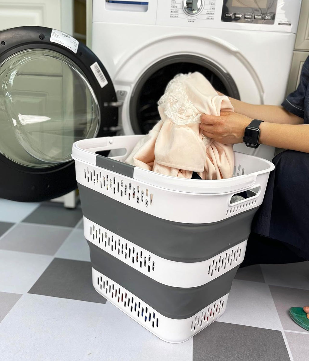 SAMMART 40L (10.5 Gallon) Collapsible Plastic Laundry Basket with Handles - Foldable Pop Up Storage Container/Organizer - Portable Laundry Hamper - Space Saving (1, White/Steel Grey)