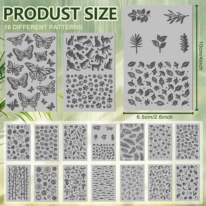 CHGCRAFT 16 Sheets 16 Styles Animals Dandelions Polymer Clay Texture Mat Mushrooms Modeling Pattern Pad Plants Fruits Texture Sheets for Polymer Clay Making Earrings Jewelry Tools, 4×2.6 inch
