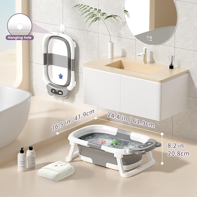 Collapsible Baby Bathtub for Newborn to Toddler (0-18 Month) - Portable Baby Bath Tub for Travel, Newborn Bathtub with Soft Towel and Floating Cushion (Gray)