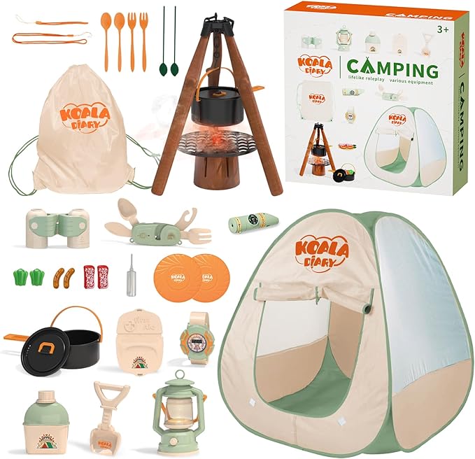 Kids Camping Set – an Indoor/Outdoor Pretend Play Adventure kit Featuring a Tent, Oil lamp, Stove, and More. Perfect for Ages 3+