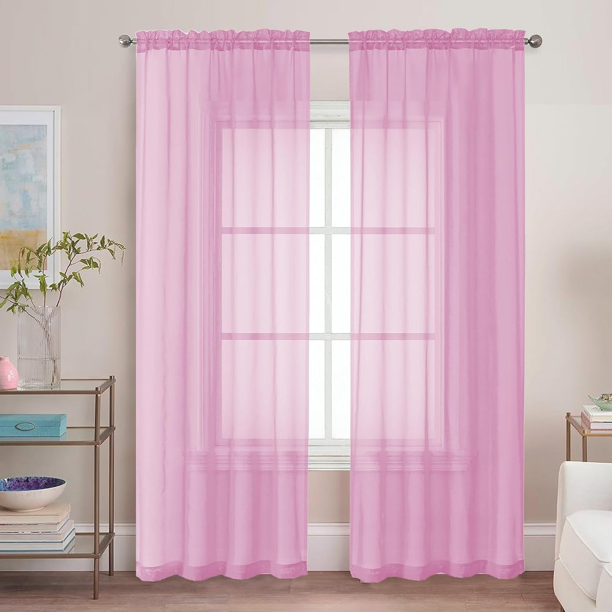 Chyhomenyc Light Pink Sheer Curtains 84 Inch Length 2 Panels, Light Filtering Cute Voile Pink Window Curtain Drapes for Girls Room，Each 42Wx84L Inches