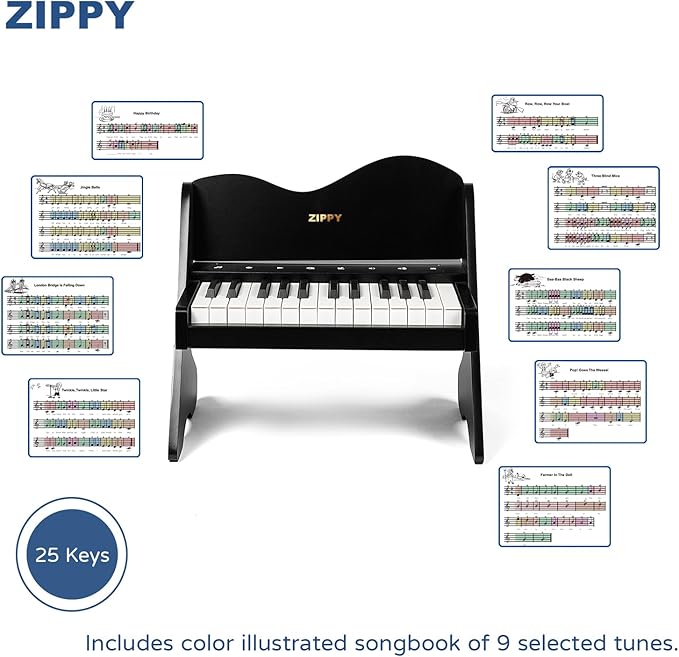 ZIPPY Kids Piano Keyboard, 25 Keys Digital Piano for Kids, Touch Sensitive Control Panel, Volume Adjustable, Mini Music Educational Instrument Toy, Wood Toy for Toddlers Girls Boys (Black)