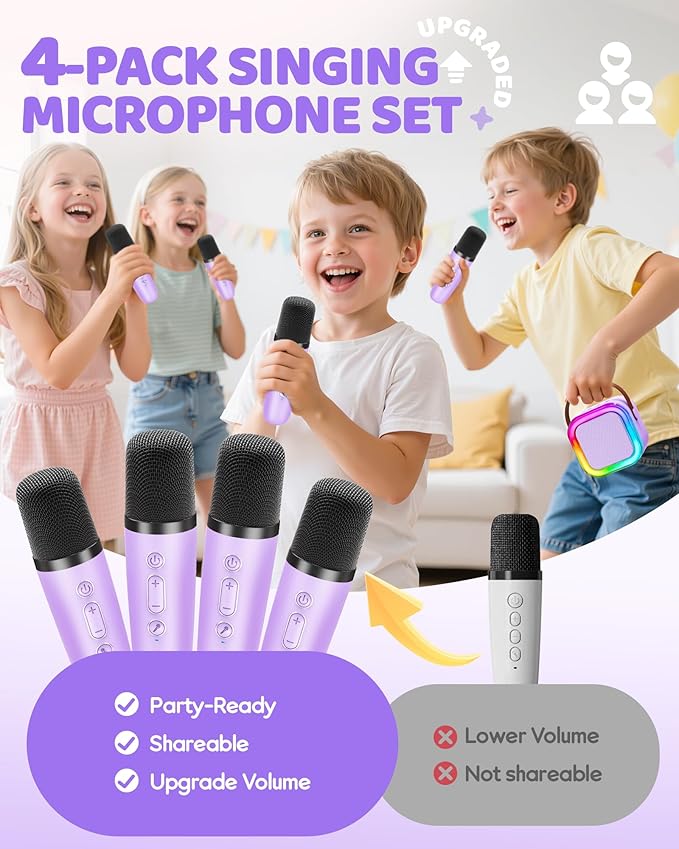 IROO Mini Karaoke Machine for Kids, 2025 TOP Toys Birthday Gifts Ideas for Girls Ages 4, 5, 6, 7, 8, 9, 10, 12+ Years Old, Portable MP3 Player with 4 Wireless Mics for Party
