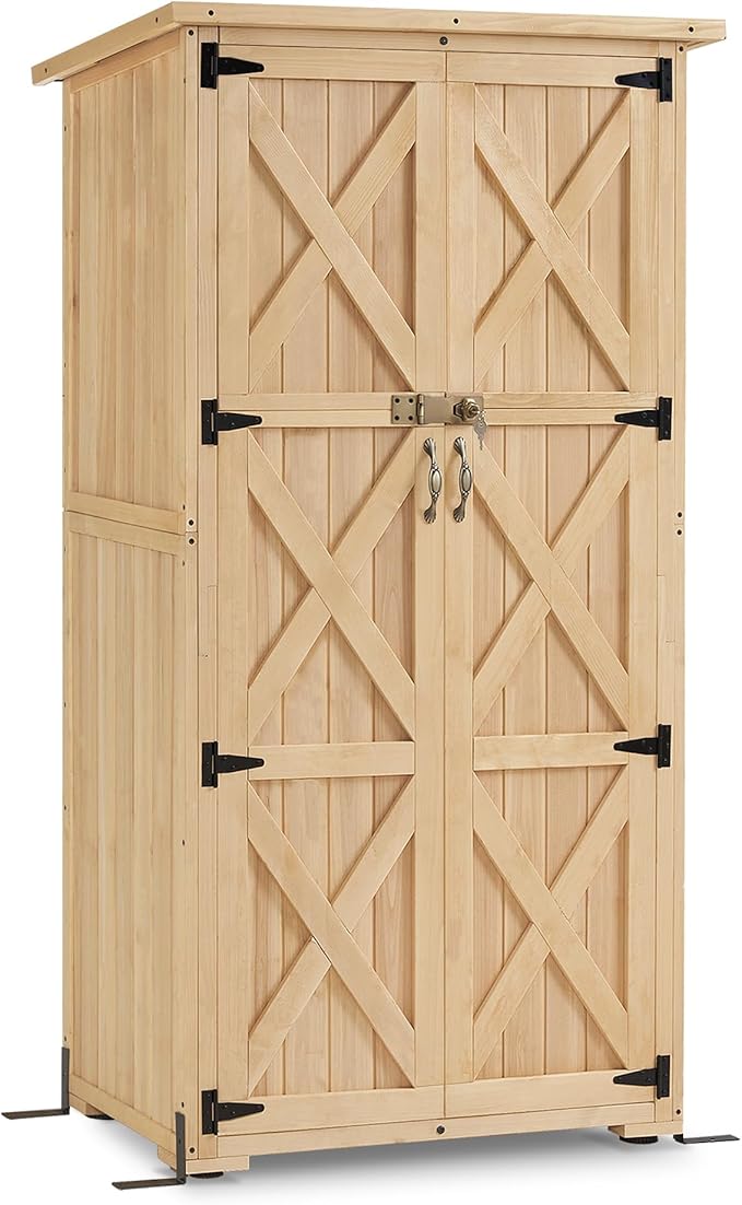 Macrout Outdoor Storage Cabinet, Wooden Storage Shed with Lock, Outside Garden Tool Shed with 2 Doors for Patio Yard Lawn, 1628 (Medium)