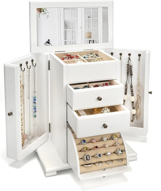 Jewelry Box for Women, Rustic Wooden Jewelry Boxes & Organizers with Mirror, 4 Layer Jewelry Organizer Box Display for Rings Earrings Necklaces Bracelets (Weathered White)
