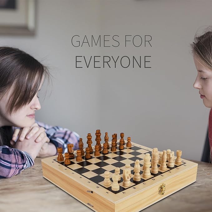 Juegoal 4-in-1 Wooden Fast Sling Puck Set for Kids and Adults, Chess, Checkers, Tic Tac Toe Games, Travel Portable Folding Tabletop Chess Board Game Sets, Interactive Families Toys