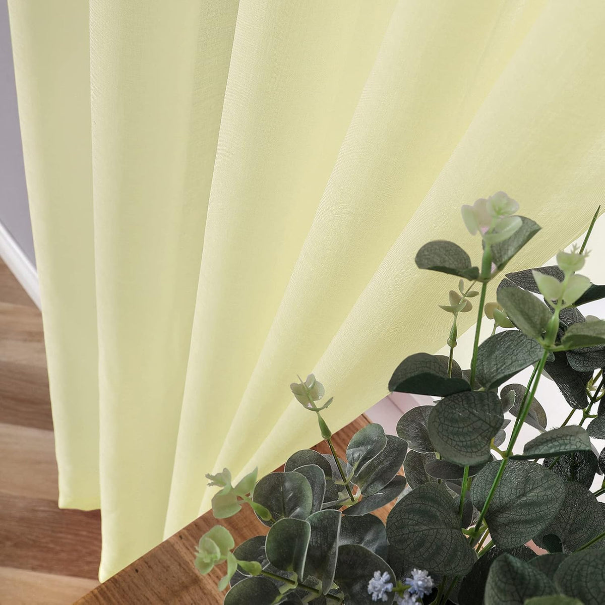 Tollpiz Short Sheer Curtain Linen Textured Living Room Curtains Sheer Light Filtering Rod Pocket Voile Curtain for Bedroom, 42 x 54 inches Long, Transparent Yellow, Set of 2 Panels