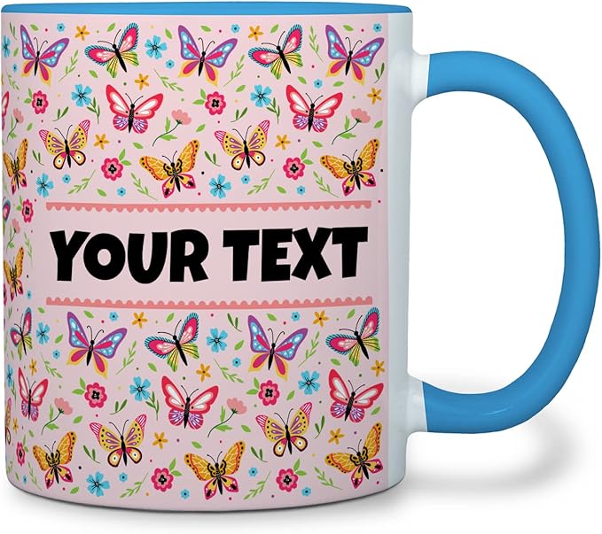 Personalized Mug for Kids - Butterflies - Custom Name/Text, Ceramic Hot Chocolate/Cocoa/Coffee Cup for Girls, Birthday/Christmas/Holiday Gift - 11 oz, Light Blue Handle