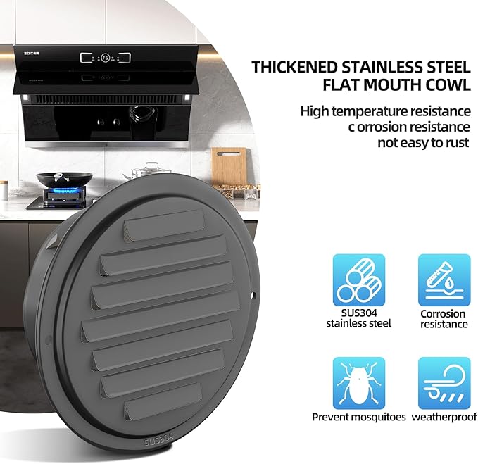 3inch 304 Stainless Steel Air Vents, Louvered Grille Cover Vent Hood Flat Ducting Ventilation Air Vent Wall Air Outlet with Fly Screen Mesh for House (3 inch Black Paint Cover （70mm）)