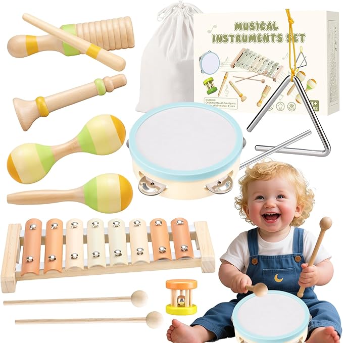 Baby Musical Instruments Set Montessori Wooden Toy for Toddlers 3 Percussion Music Xylophone for Kids Preschool Learning Resource Christmas Birthday Gifts for Boys Girls Aged 3 4 5 (Warm)