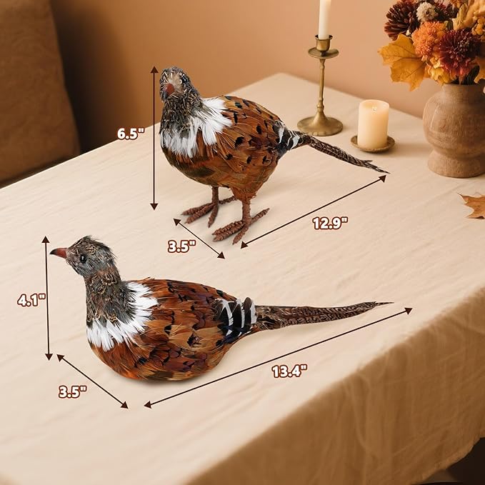 naturevibe Feathered Pheasant Decor Set of 2,Simulation Woodland Animals Figurines with Natural Pheasant Feathers as Fall Home Decor or Gifts for Autumn Harvest Festival