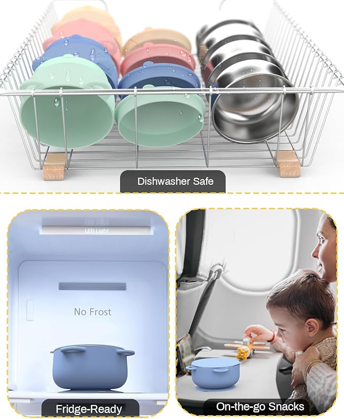 Baby Suction Bowls with Lids 4-Pack, 2-in-1 Stainless Steel 304 Toddler Bowl & Removable Silicone Suction Kids Bowl Plate Set Non Toxic Snack Dishes for Self-Feeding, Organic Bloom