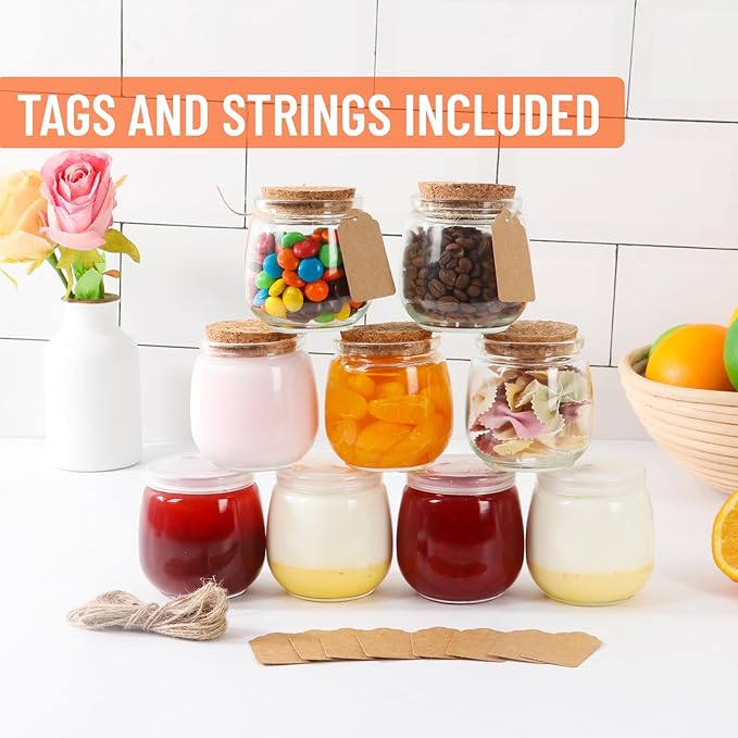 7oz Glass Jars with Cork & PE Lids 20Pack, Small Glass Pudding Jar for Wedding Favors, Milk, Jams and DIY Gift, Yogurt Jars with Tags and Twine Included