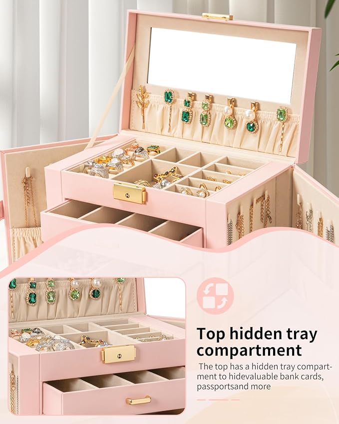 AKOZLIN Large 4-Tier Jewelry Box Leather Jewelry Storage Organizer with 3 Drawers Lockable for Women Girls Ring Necklace Earring Bracelet Watches Holder with Mirror Pink