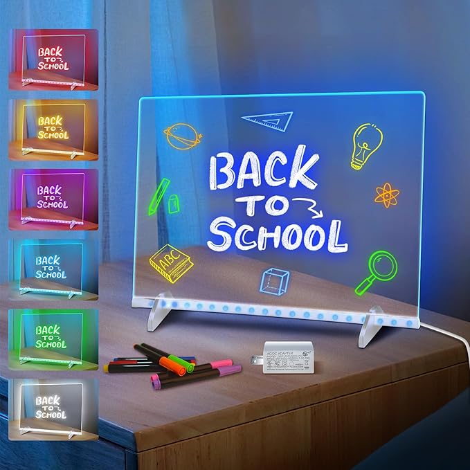 LED Note Board with 7 Colors, Includes Adapter, 13"x10" Led Drawing Board for Kids, Light Up Dry Erase Boards with 7 Markers, Soft Cloth, Hanging Chain, Holiday Trend Gift
