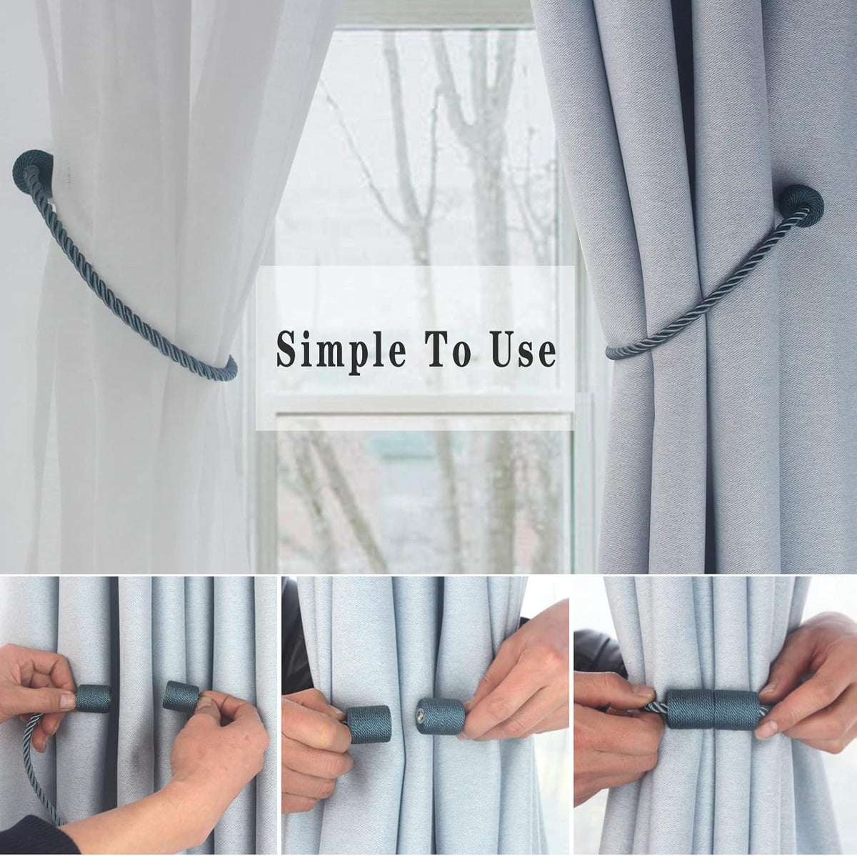 Magnetic Curtain Tiebacks 2 Pack Blue Curtain Rope Tieback Curtain Holders for Drapes Modern Tie Backs Decorative Curtain Holdbacks