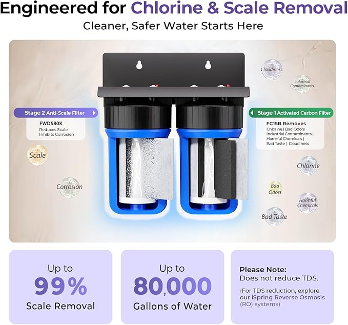 iSpring WGB21B-DS+AHPF12MNPT16X2 2-Stage Whole House Water Filtration System w/CTO Filter and Anti-Scale Filter, 3/4" Push-fit Stainless Steel Hose Connectors, Reduces Scale, Corrosion, Chlorine