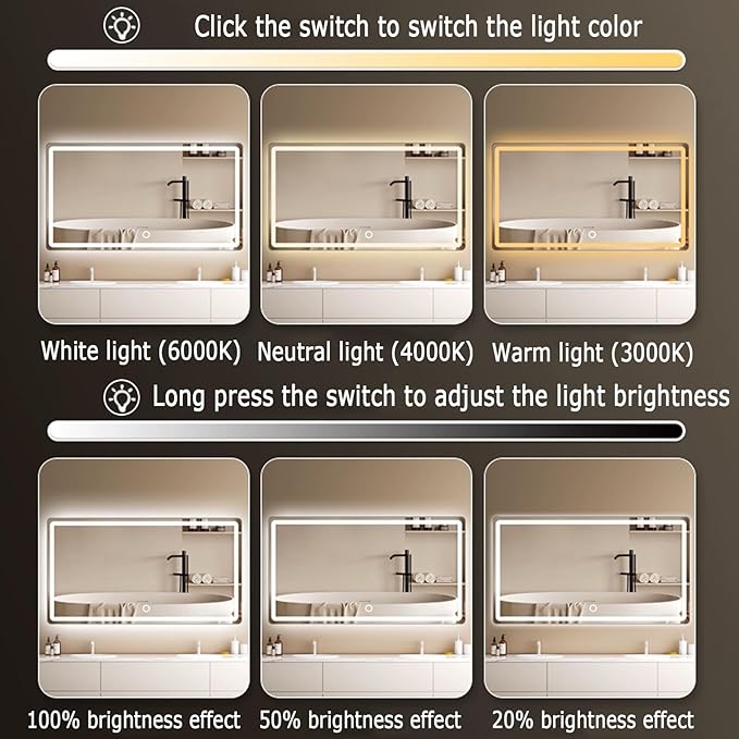 Backlit LED Illuminated Bathroom Mirror with LED Lights, Lighted Bathroom Makeup Wall Mounted Mirror with Demister Pad, Sensor Touch Switch, Horizontal/Vertical(B,H70*W90CM/H27.5*W35.4IN)